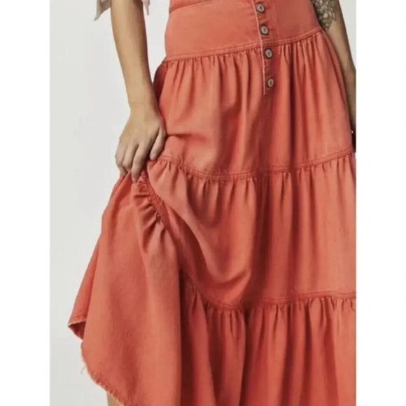 NWT Free People Dreamweaver Maxi Skirt Denim Jean Tiered High Rise Orange - Picture 15 of 16
